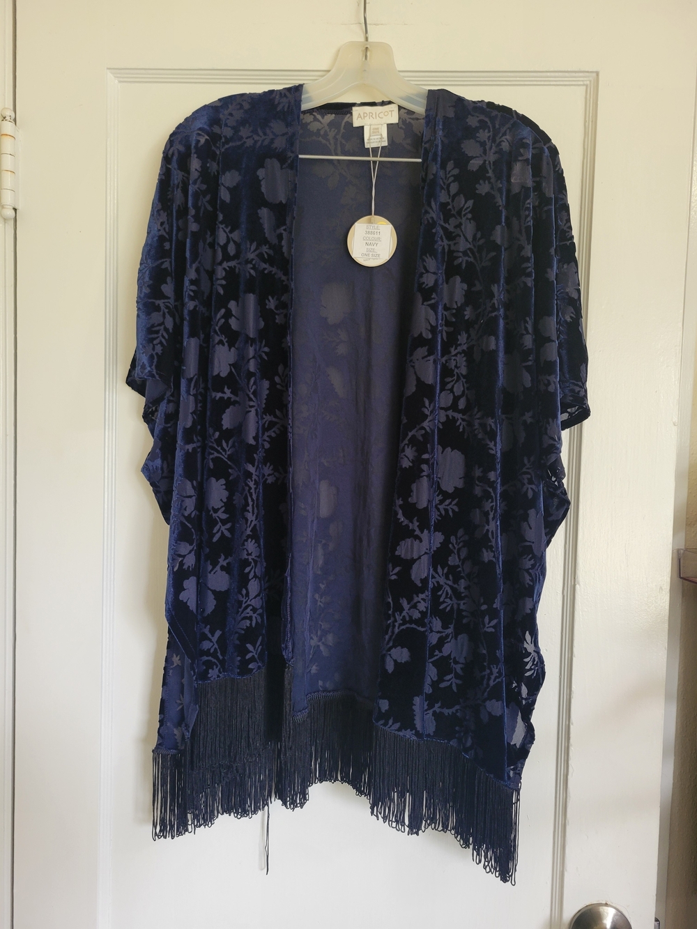 Apricot Velvet Floral Tassel Kimono - Navy Blue with Fringe